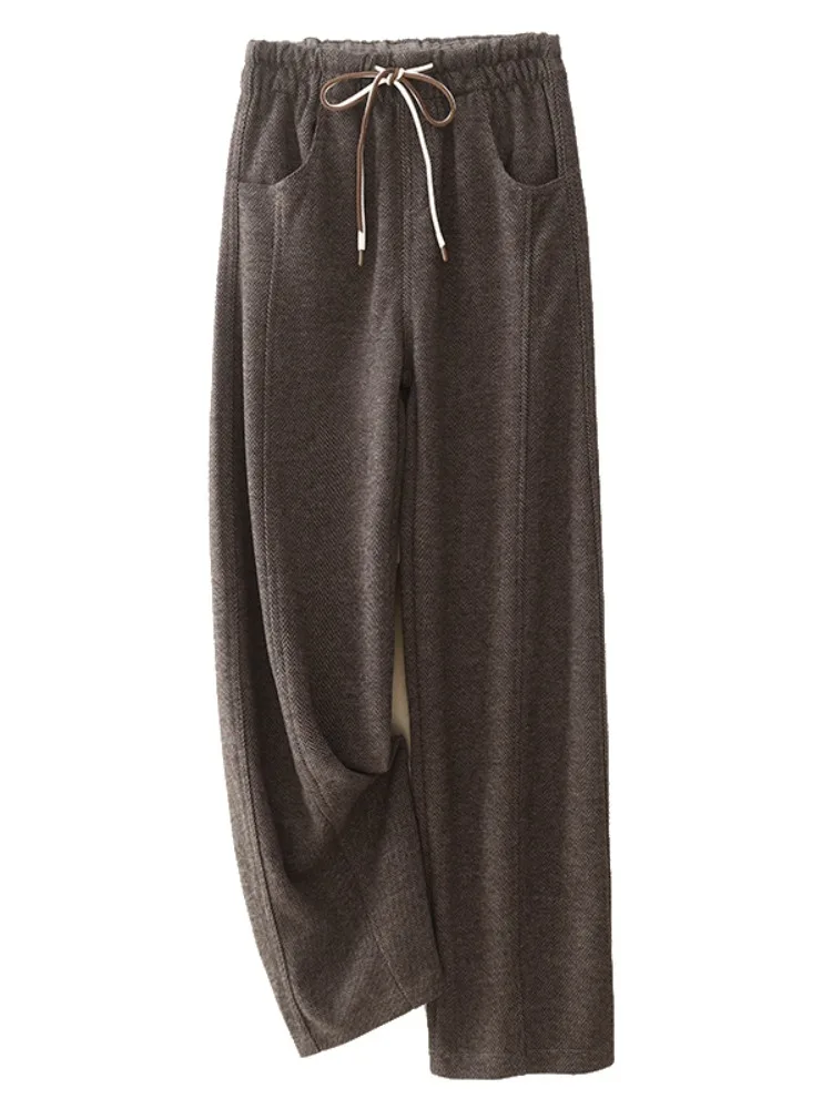 하이웨이스트 와이드 레그 팬츠 여성 캐주얼 스트레이트 컷 바지 겨울용 신축성 있는 허리 벨트 슬림핏 나이프 팬츠