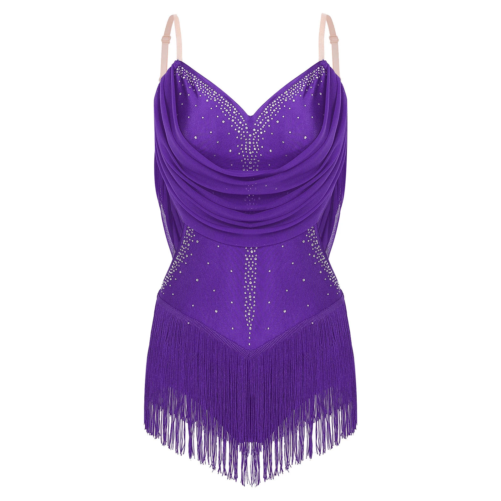 

Latin Dance Outfits For Women Rhinestone Tassel Leotard Dress Figure Skating Cha-cha Samba Tango Bodysuit with Gloves Dance Wear