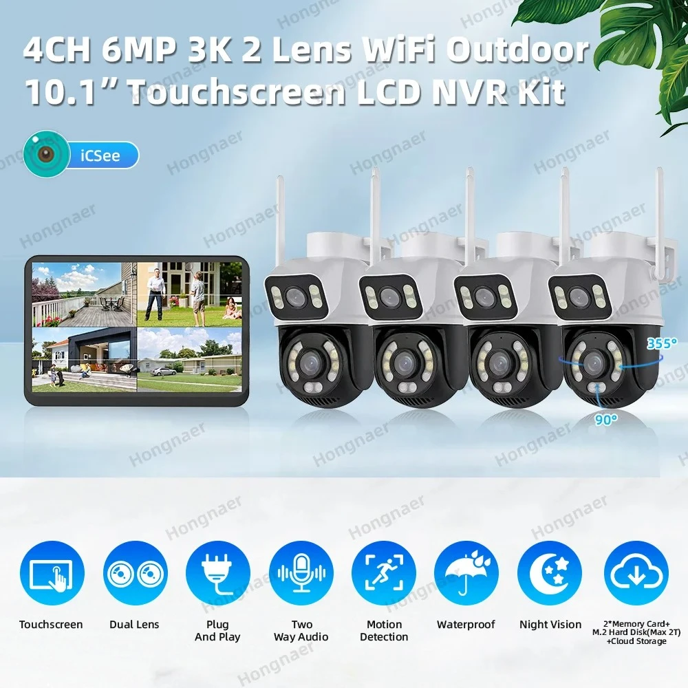 Hongnaer 6mp 4ch lente dupla casa ip vigilância sistema de câmera segurança kit icsee touchscreen lcd nvr sem fio wifi cctv sistema câmera