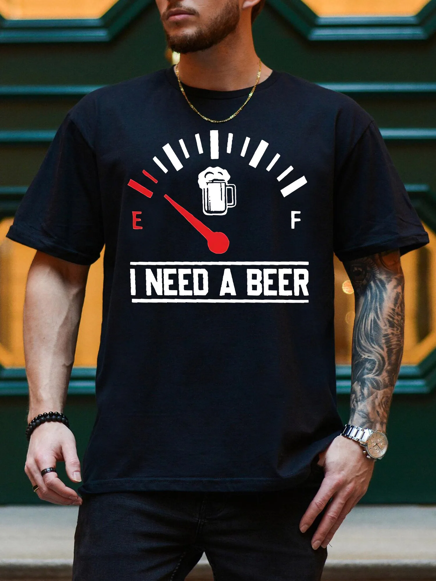 

I Need A Beer Men's Graphic Tee, Pure Cotton Everyday Black T-Shirt, Lightweight Round Neck Tee