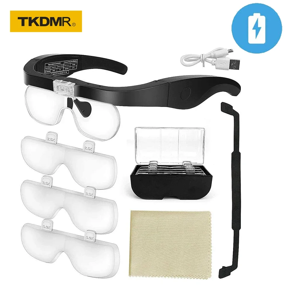 TKDMR Headband Binocular Eyewear Loupe Magnifier 1.5X 2.5X 3.5X 5.0X USB Rechargeable 2led Illuminated Eyeglass Magnifying Glass