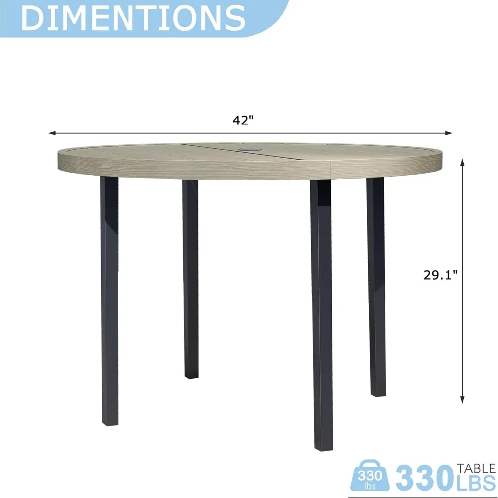 طاولة طعام خارجية معدنية تتسع لـ 4 أشخاص مع فتحة مظلة، وأثاث فناء حديقة دائري 42، ولمسة نهائية من خشب البلوط العسلي، مثالية لسطح الفناء الخلفي #2