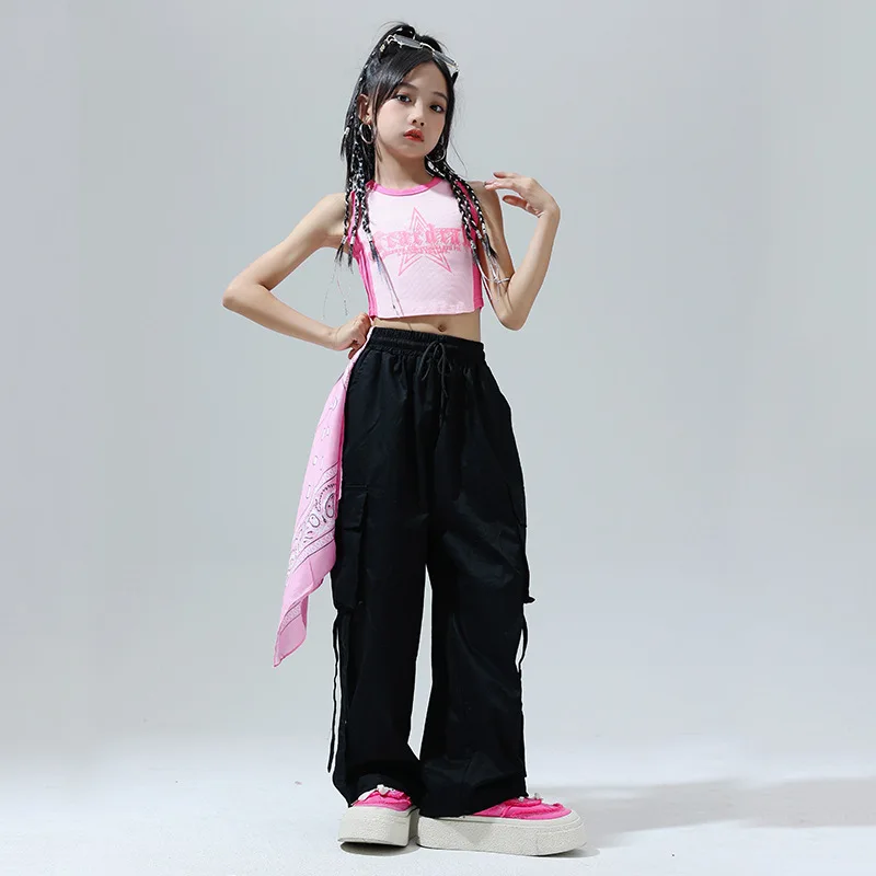 New Hip Hop Dance Costume for Kids Jazz Performance Clothes Girls Pink Vest Kpop Outfit Teenage Street Dance Drum Stage Wear