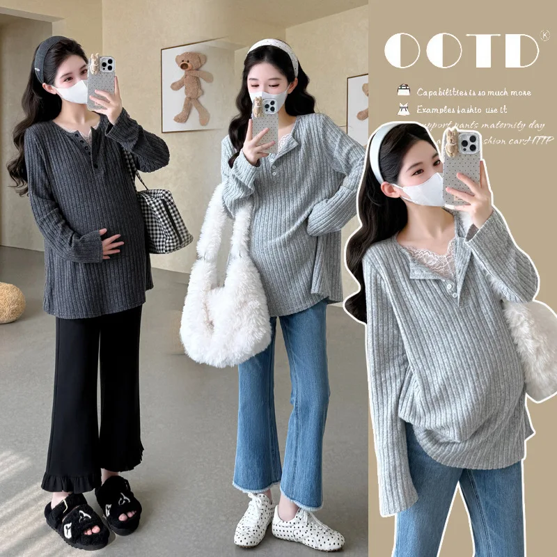 

2025 Trendy Korean Style Pregnancy Blouse Autumn Lace Trim Layering Top Loose Feminine Chic Comfortable Maternity Shirt