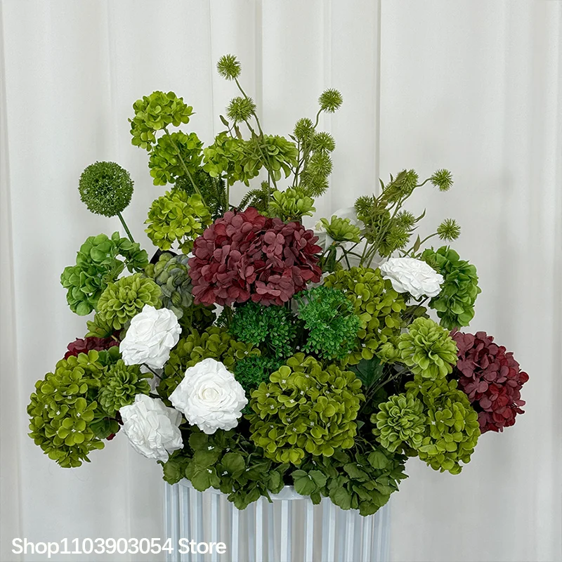 5D Grüne Burgunderrote Hortensie Künstliches Tisch-Centerpiece Blumenarrangement Luxuriöse Hochzeits-Bankett-Esstisch-Dekoration – Detail 7