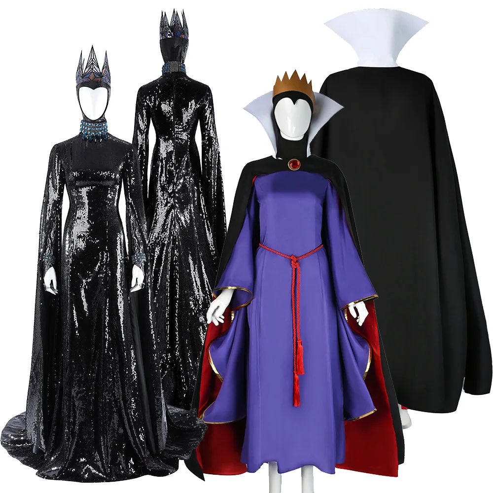 Evil Queen Cosplay Women Stepmother Clothing Black Long Dress Crown Movie Snow Costume Outfits Halloween Carnival Party Suit