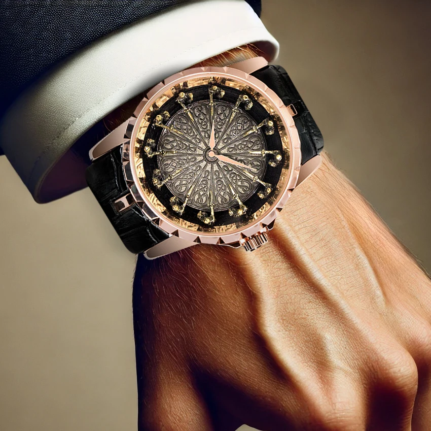 Rose gold black belt new men\'s watch, stylish design, novel texture, quartz watch