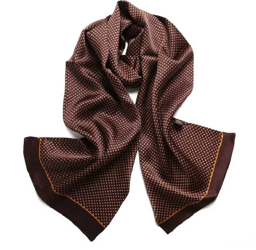 Men\'s 100 Silk Scarf Double Layer Long Neckerchief Wedding Business Suit Cravat Blue Brown