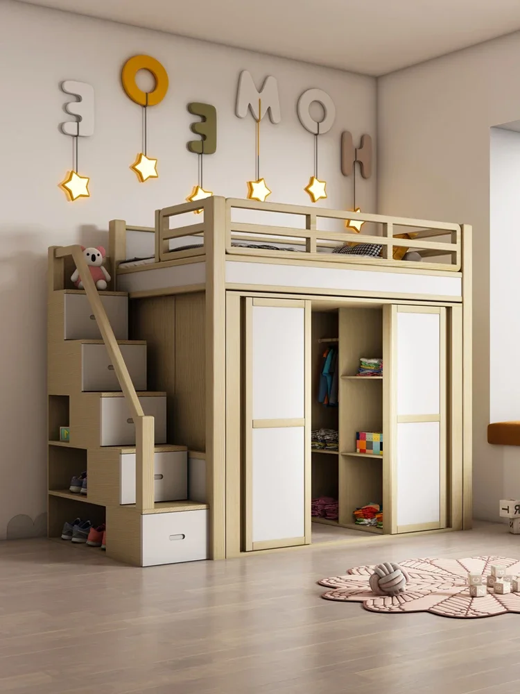 Children's Solid Wood Bed Cabinet with Wardrobe, Integrated Double Layer Bed, Walk-in Cloakroom Combination, Movable