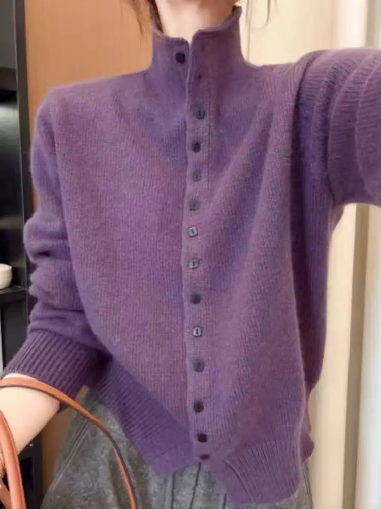 2025 Autumn/Winter 100% Wool Knit Cardigan Sweater Women Half-turtleneck Coat Female Long Sleeve Tops Korean Fashion New Jacket