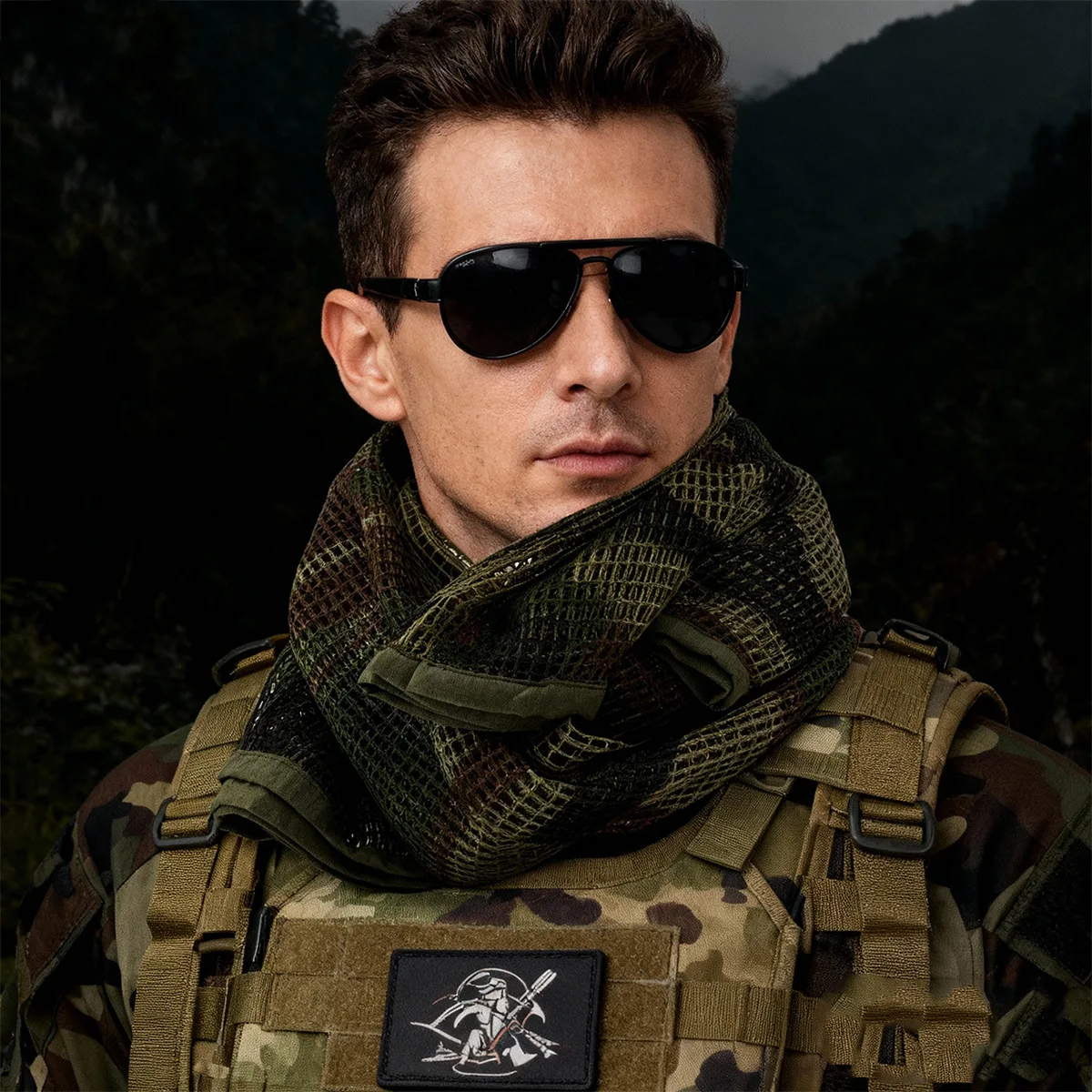 Taktisches Tarnnetz-Schal, Atmungsaktiver Scharfschützenschleier für Jagd, Airsoft, Outdoor-Militärausrüstung – Detail 1
