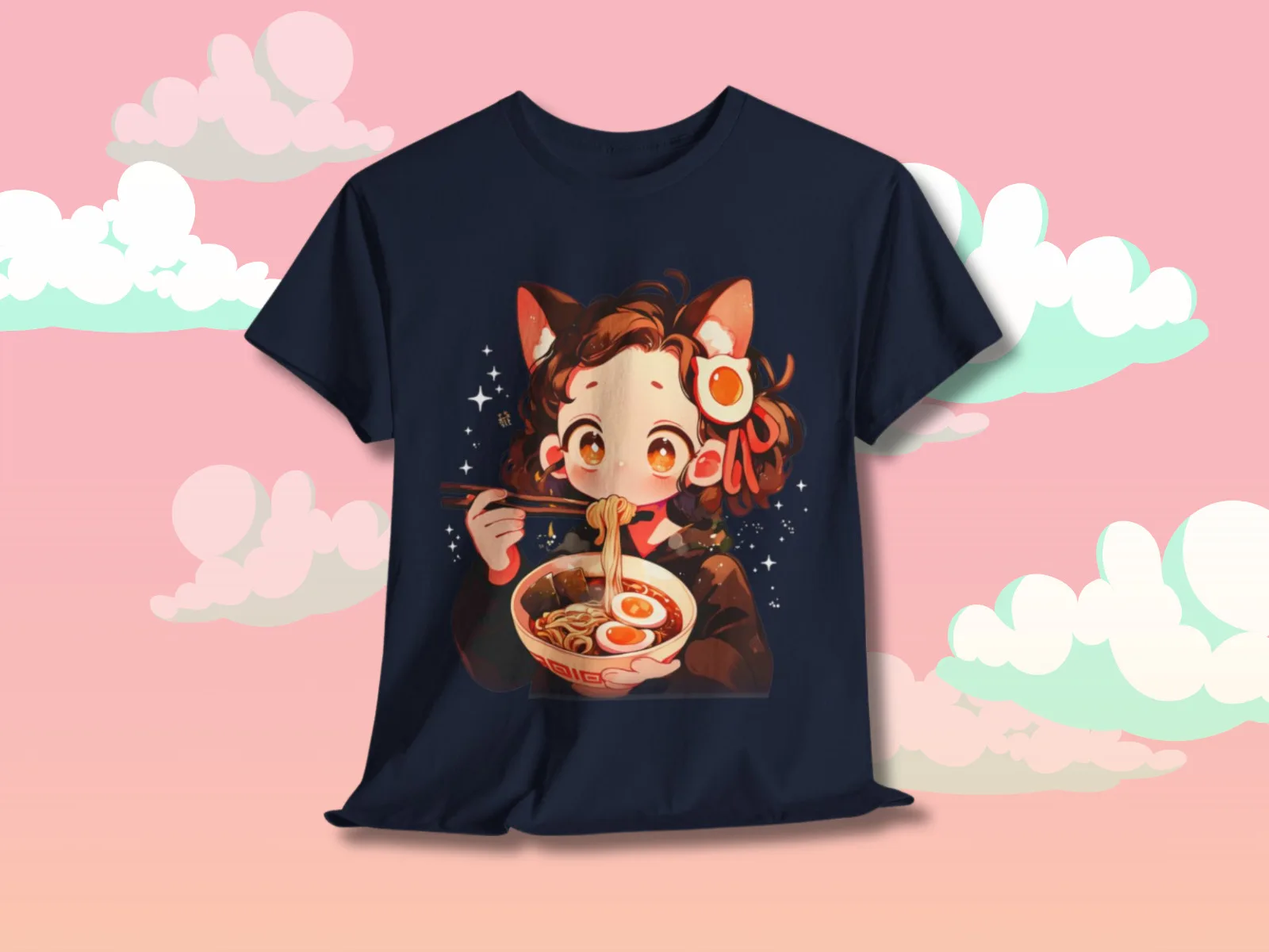 Kawaii Anime reman noodles T-Shirt, Japanese's Cat girl Manga & Anime Shirt