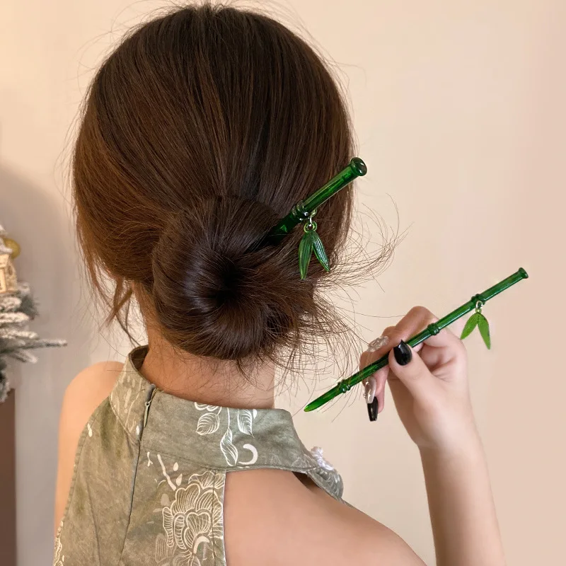 2025 New Chinese Style Bamboo Leaf Hair Stick For Women Girls Green Resin Vintage Acrylic Chopstick Hairpin Hair Accessories