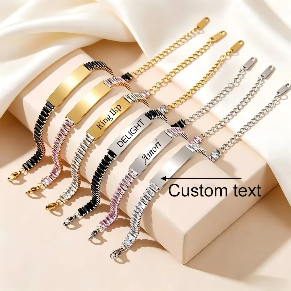 Haiyufly Engrave Name Bracelet for Women Men Stainless Steel Jewelry Stone Zircon Chain Bangle Personalized Christmas Gift