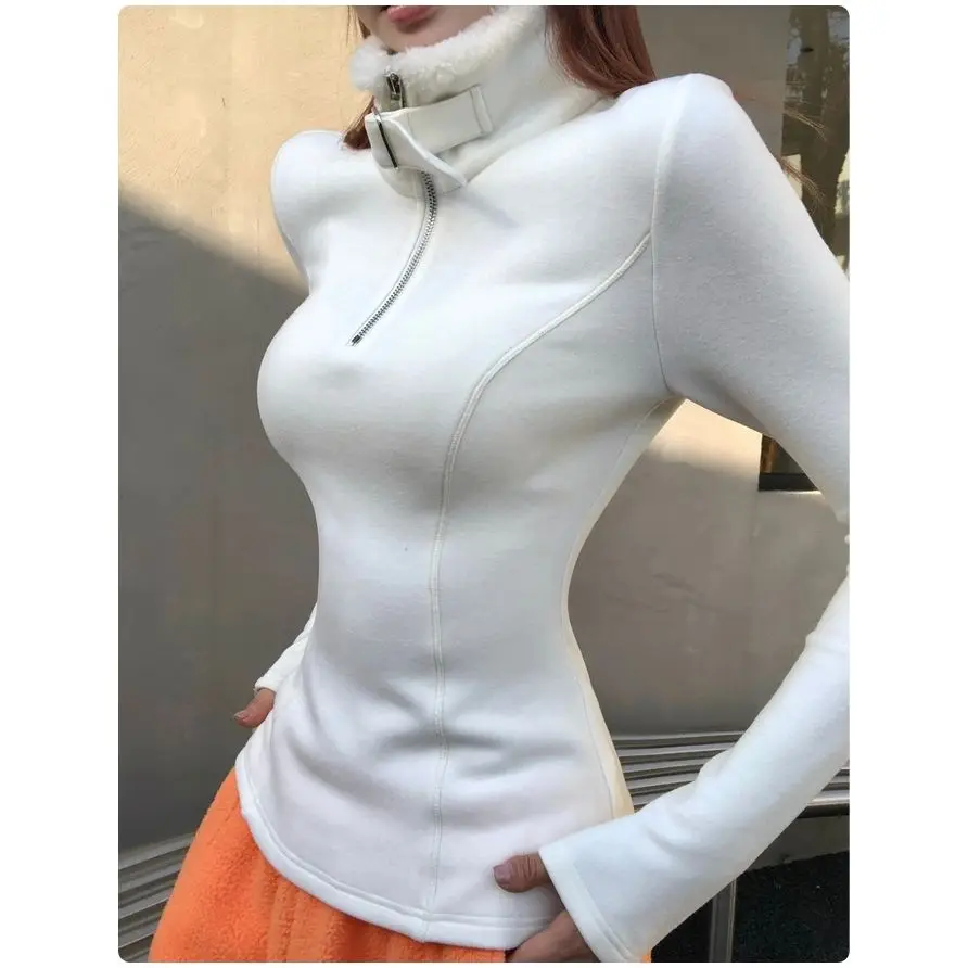 Kimutomo 2026 Women Self-heating Wool Knit Long Sleeve T-shirt Autumn Winter Furry Collar Warm Elegant Simple Slim Fit Top