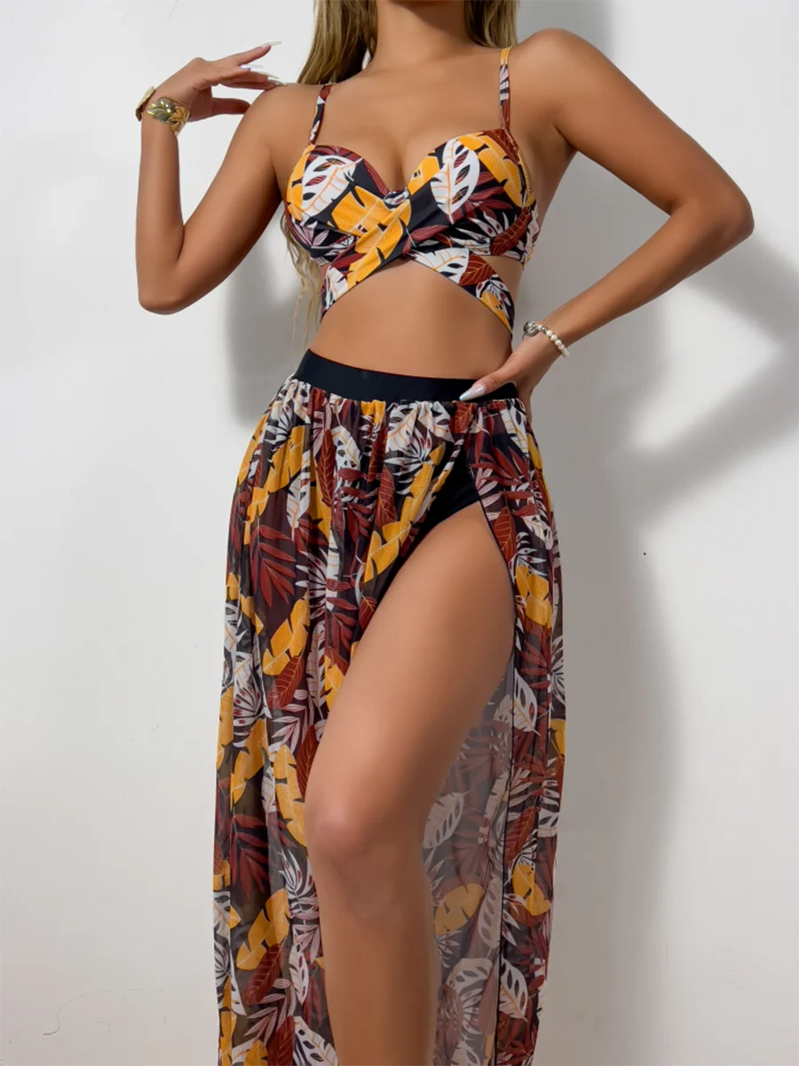 2024 Print Cross Three Piece Vent Long Skirt Bikini Swimsuit Women Swimwear Female Bather Bathing Swimming Swim Suit Beachwear