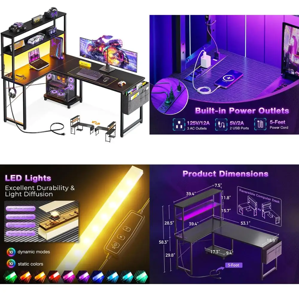 

53 L-Shaped Desk with LED Lights, Reversible Gaming Desk, Power Outlets, Storage Shelves