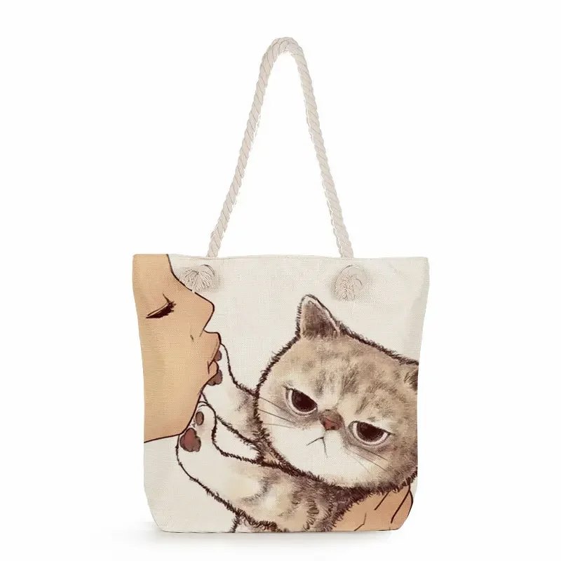 Printed single-shoulder bag, cute kissing cats print zipper tote bag, reusable hand carry storage pouch