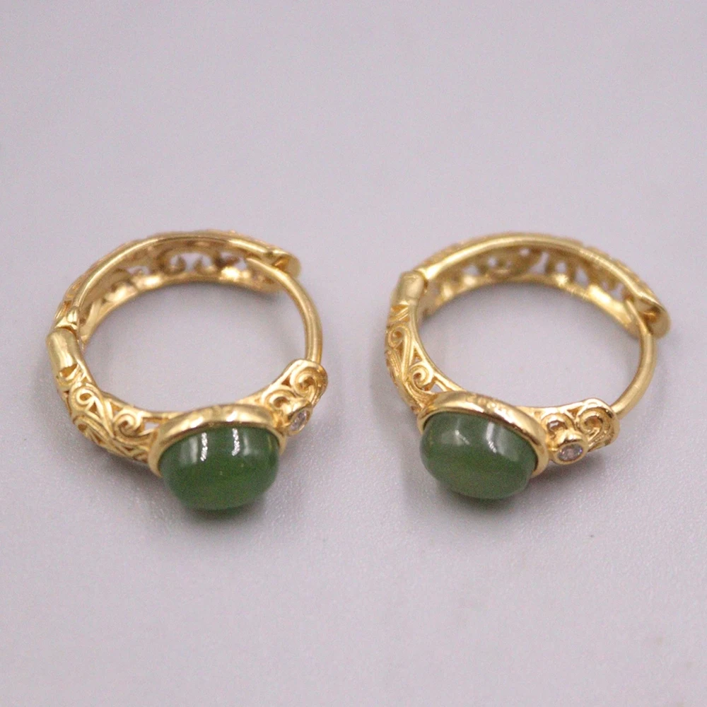 

Real Solid 925 Sterling Silver Hoop Natural Jade Jasper Green Oval Hollow Pattern Earrings