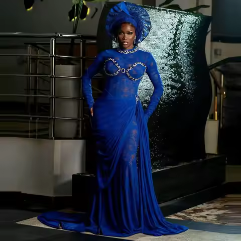 Beading Lace Evening Gowns Long Royal Blue Nigerian Women Maxi Dress Lace Evening Dresses Chiffon Overlay Side