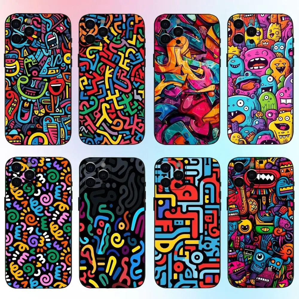 

Creative Cartoon Graffiti Pattern Phone Case For iPhone17,16,15,14,13,12,11 Plus,Pro Max Soft Black Cover