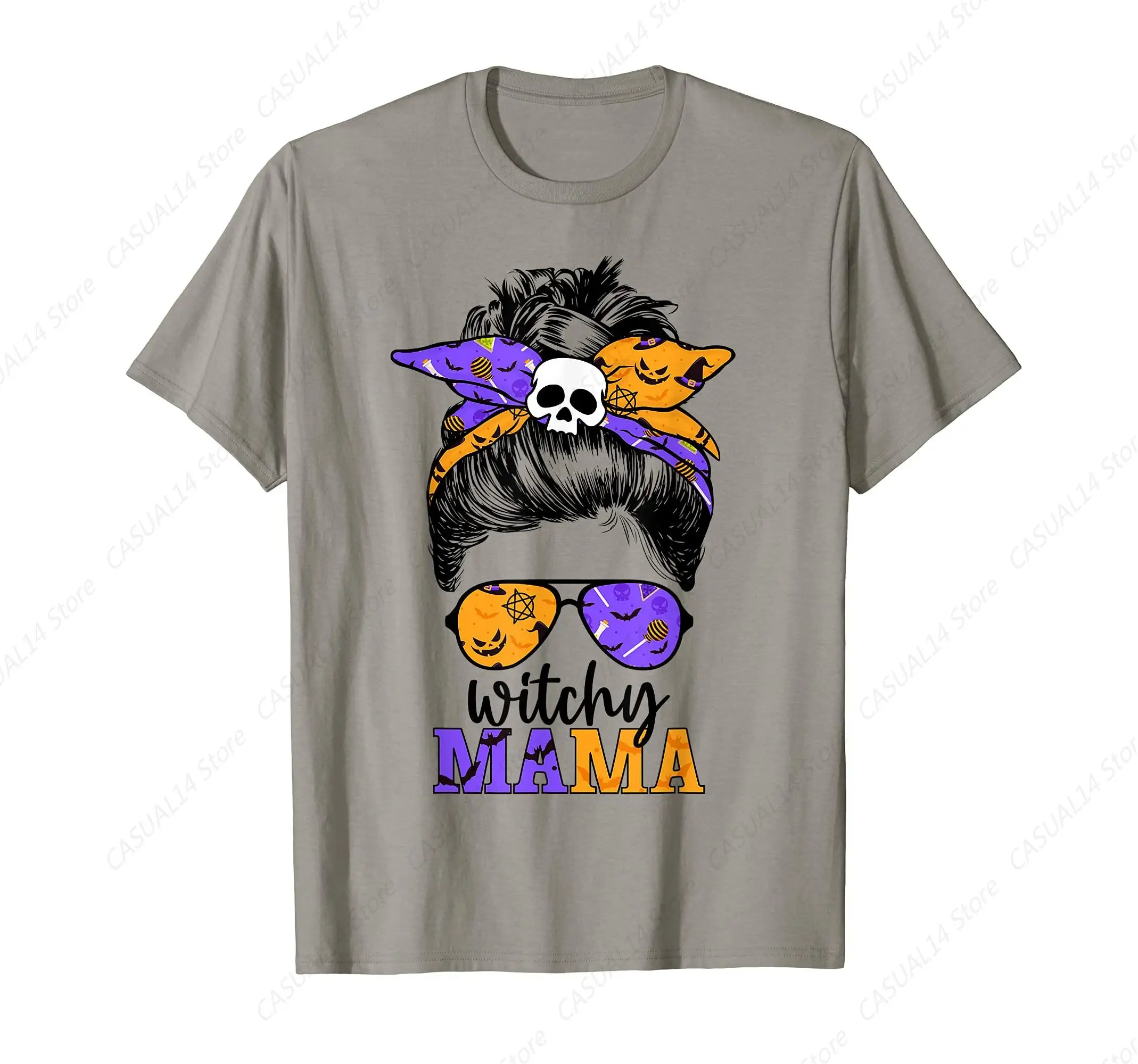 

Witchy Mama Halloween Skull Witch Mom Messy Bun Women Spooky T-Shirt