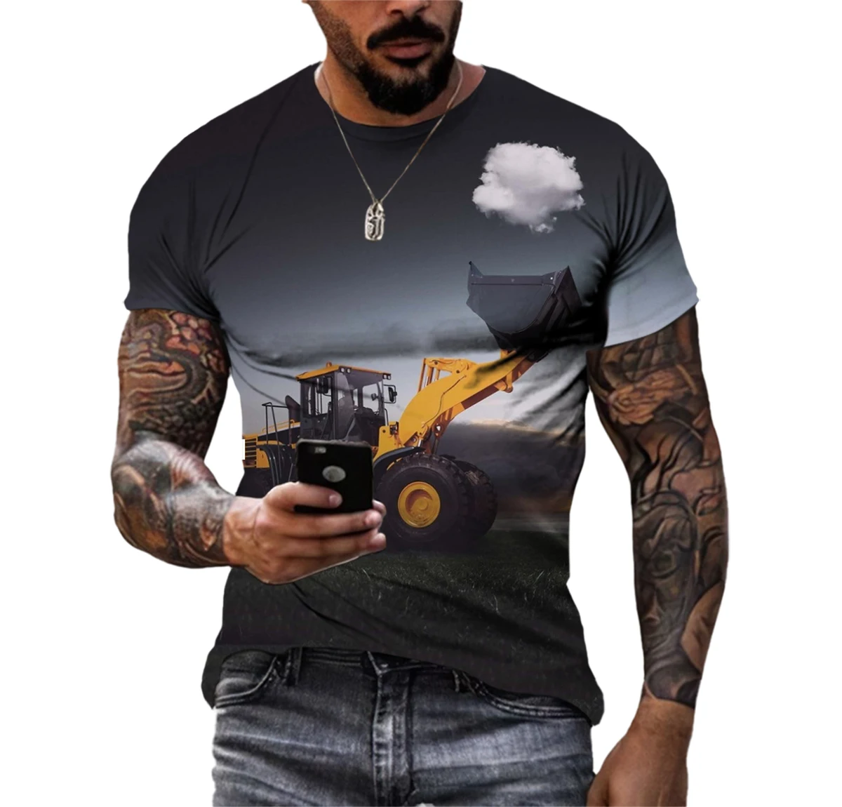 Summer New Men\'S Excavator 3d Printed T-Shirt O Neck Short Sleeve Personality Mechanical Engineering Vehicle Graphic Top