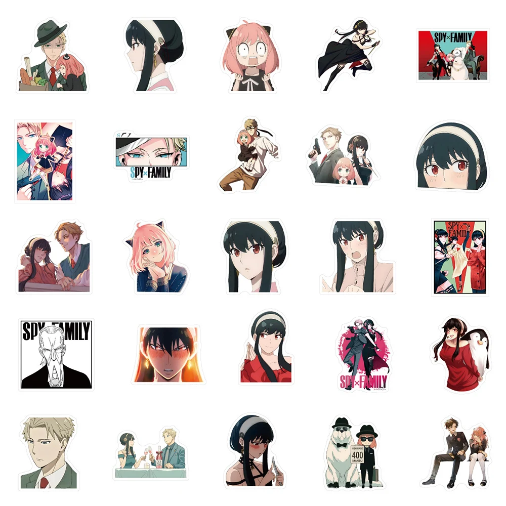 10/30/50/100 Uds dibujos animados Spy X pegatinas familiares Anime DIY portátil monopatín teléfono coche fresco impermeable niños pegatina juguete calcomanías regalo