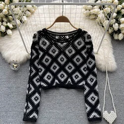 Women's Short Crocheted Hollow-out Long-Sleeved Sun Protection Blouse with French round Neck Thin Loose Sweater