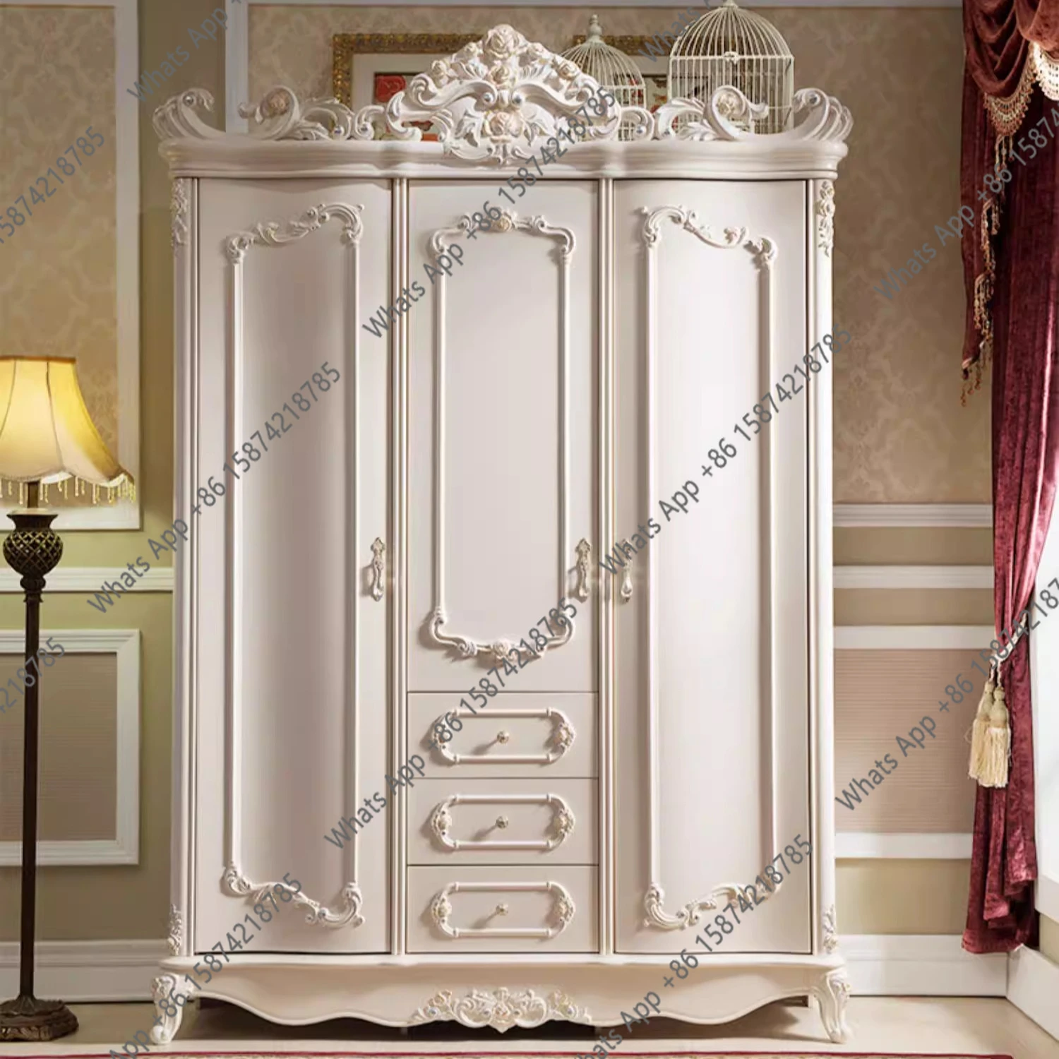 

European Solid Wood Wardrobe Bedroom Three Door Locker Villa Luxury Carved Large Wardrobe Assembled Bedroom