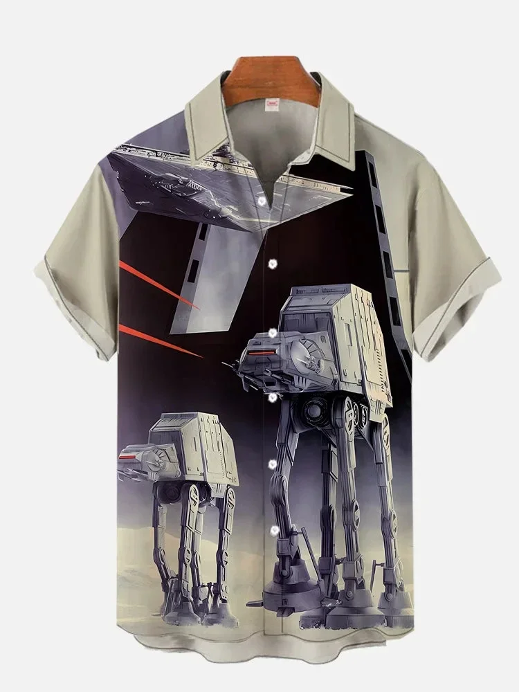 2024 Summer Retro Street New Sci-fi Space War Robot and Warrior Corps Printed Short-sleeved Shirt for Men with Lapel Button-down