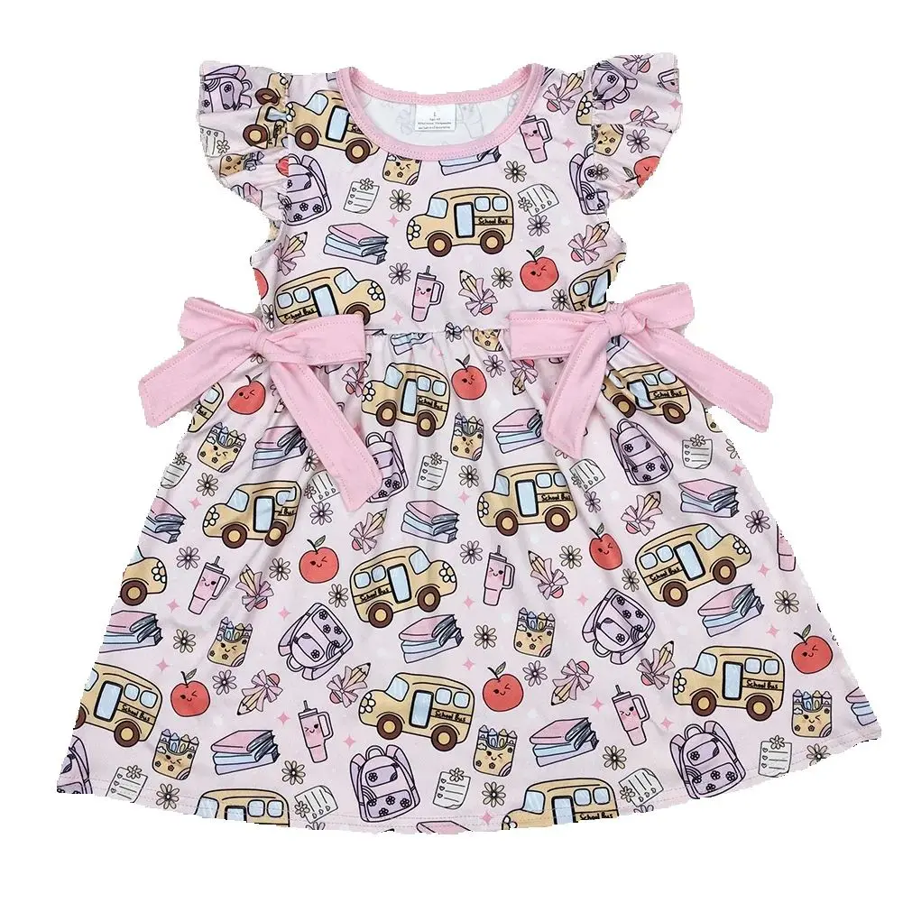 

3.12 GSD1819 Apple School Bus Pink Dress with Butterfly Knot for Kids Girls Cute Casual Skirt with Pencil Design