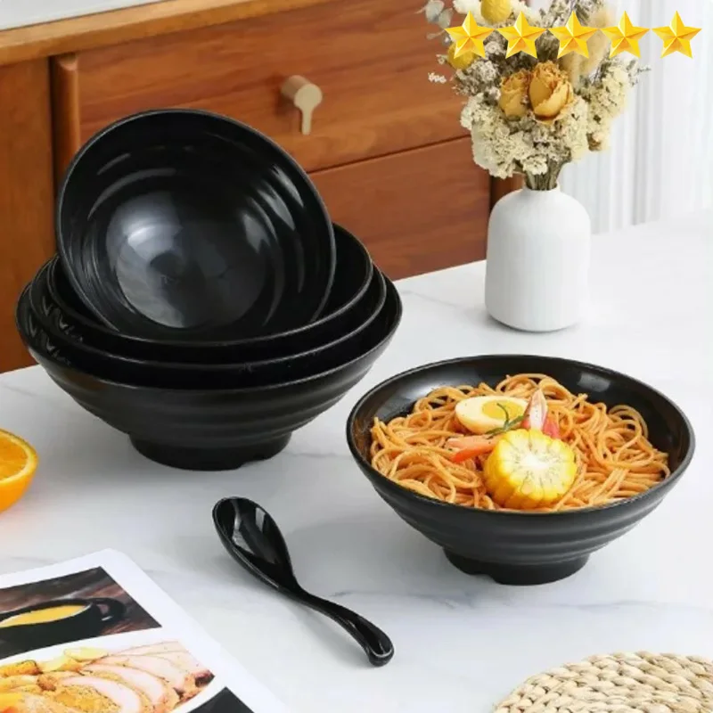 【Hot sales】Pure black large striped bowl, large caliber and large capacity, high temperature resistance, fashion style,