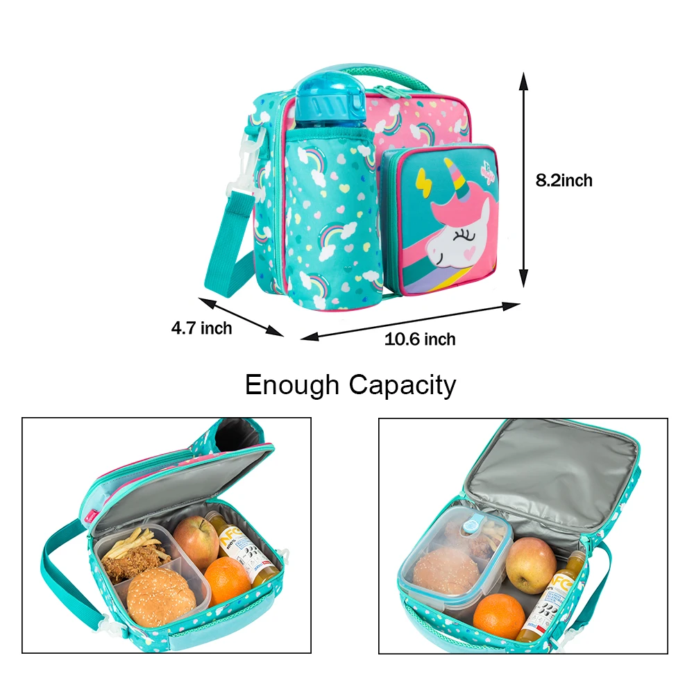 Lunch Bags for Children Unicorn Insulated Lunch Tote Bag for Boys Girls Adjustable Shoulder Strap Durable Handle Bottle Pocket