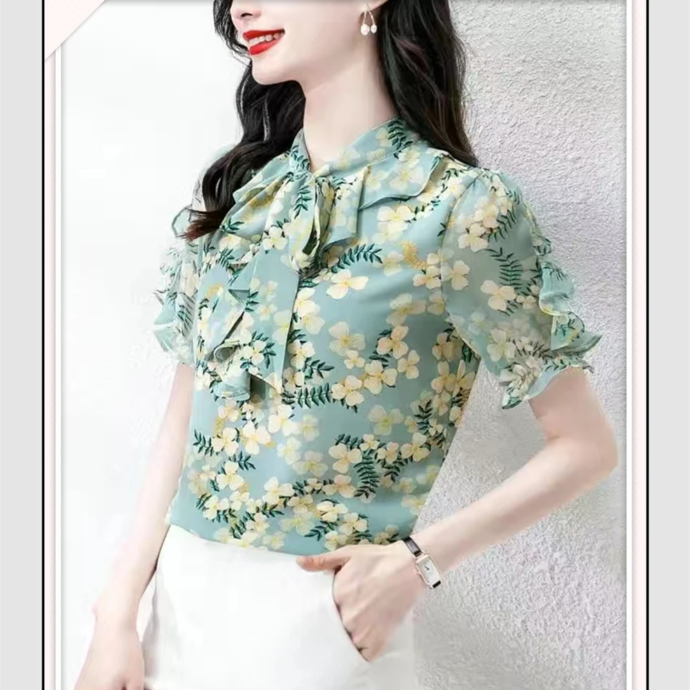 

Женская летняя возрастная шифоновая рубашка, освежающая милая модная шифоновая рубашка, элегантные шифоновые рубашки с интеллектуальным воротником-бантом