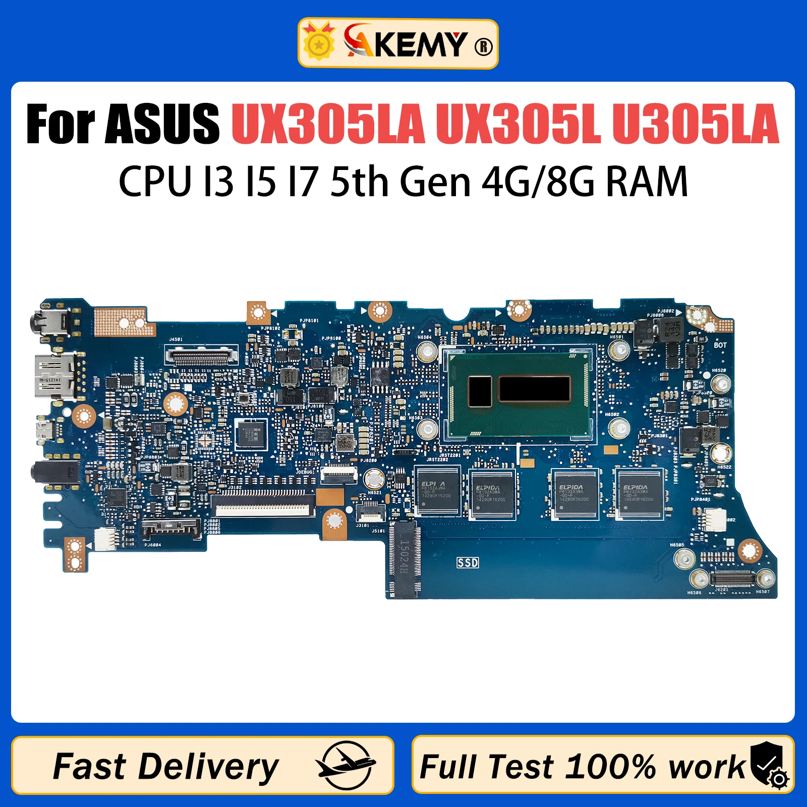 

AKEMY UX305LA Mainboard For ASUS Zenbook UX305L U305L Laptop Motherboard CPU I3 I5 I7 5th Gen 4G/8G RAM Fully Tested