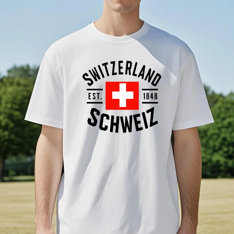 

switzerland Men's t shirt Summer Fashion Casual Sports tee Swiss Flag 1848 Pattern Printed Sports Round Neck Short Sleeve tshirt