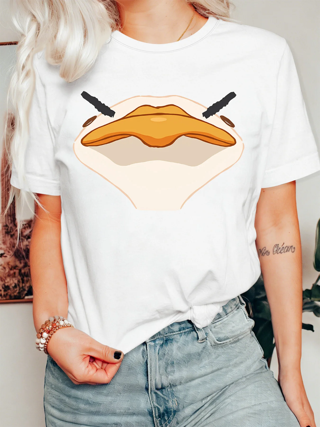 Cartoon Duck Large Beak Close Up Face Womens T Shirt Fun Quirky Animal Theme Graphic Tee Short Sleeve Casual Party Ladies Tops