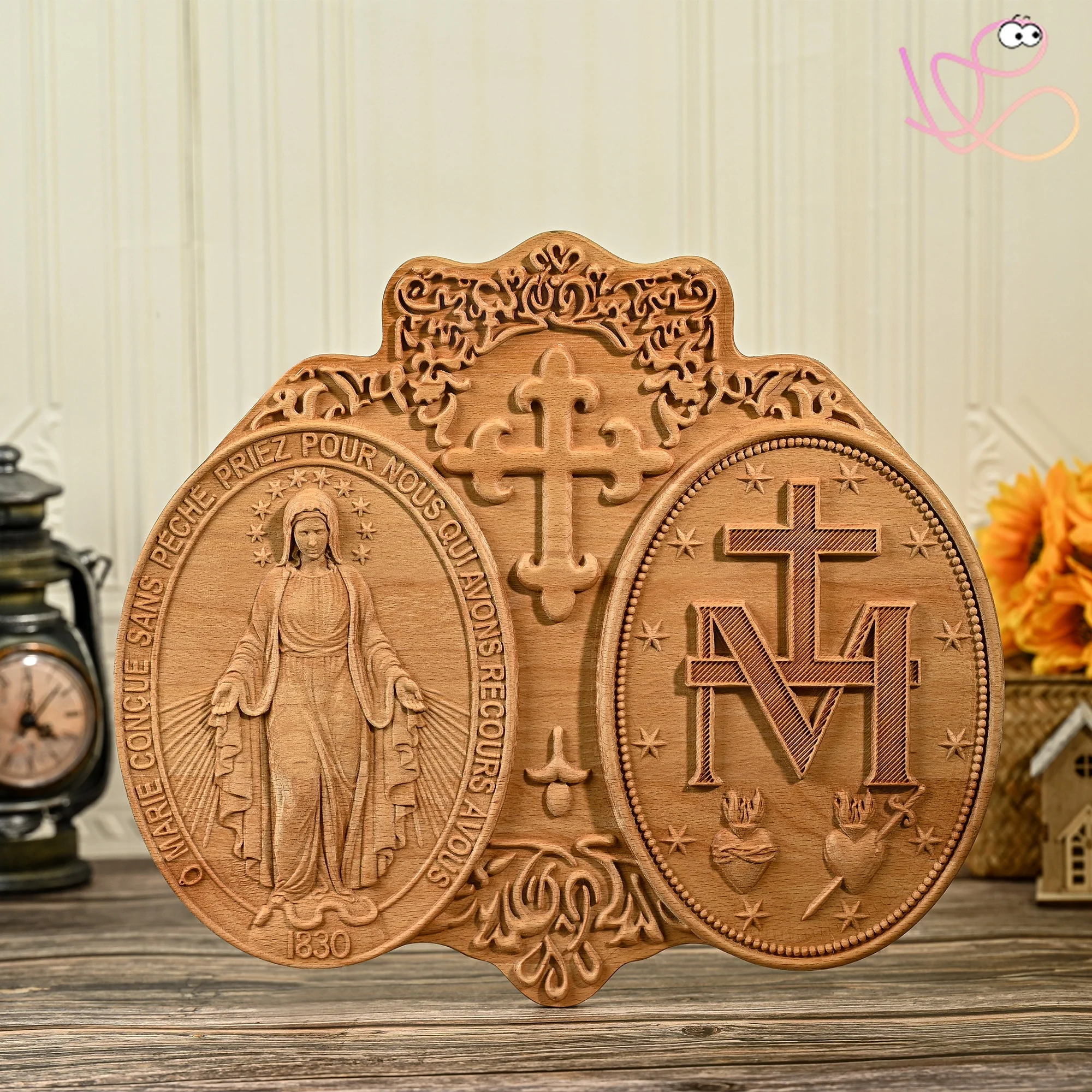 Miraculous Medal Virgin Mary, wood carving decoration, Grace Medal, Glory Mary statue, Catholic art gift