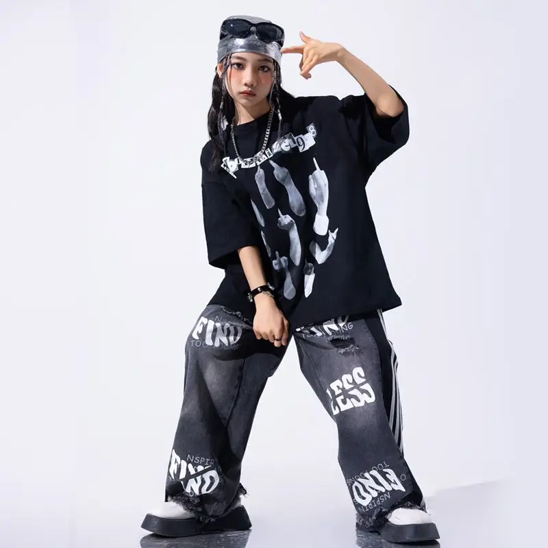 ملابس رقص هيب هوب مراهقة ، قمم فضفاضة لرقص الشوارع للأولاد ، سراويل بضائع سوداء ، زي أداء لموسيقى الجاز للفتيات