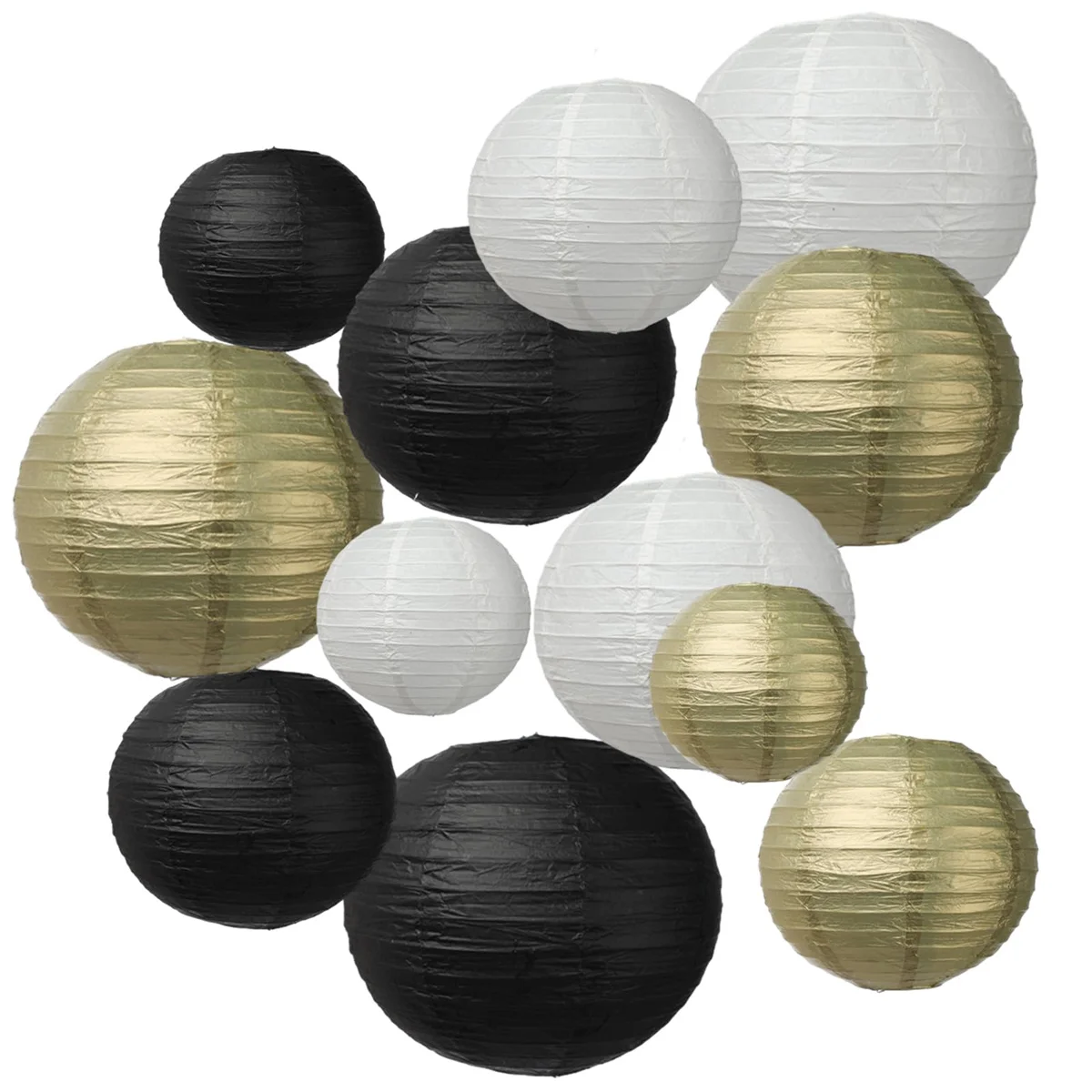 

12 Pcs Black White Gold Party Lanterns 6/8/10/12inch Round Hanging Decorations for Wedding Bridal Halloween Christmas Home Decor
