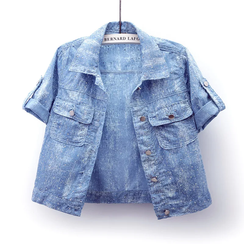 

Spring Autumn New Slim Short Beading Denim Jacket Women Fashion Blue Cowboy Outerwear Thin Half Sleeve Jeans Jacket Coat Female