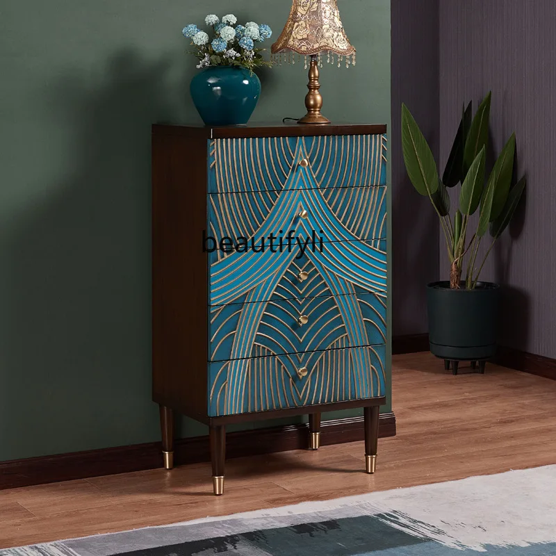 

American solid wood three four five chest cabinet entrance living room retro peacock blue bedroom locker