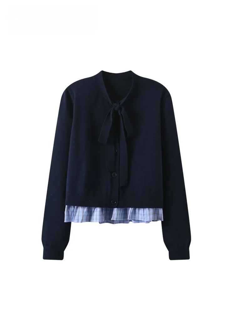 

Женский вязаный топ больших размеров с длинным рукавом, имитация двух предметов, в университетском стиле, осенне-зимний модный комплект, универсальный крой, полиэстер