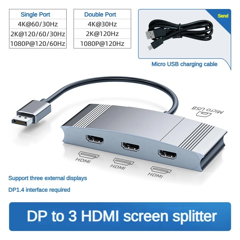 DisplayPort to 3 HDMI Splitter 4K@60Hz DP  to HDMI Multi Monitor 3 Port MST Hub Support Windows for HD Monitors Extended Display