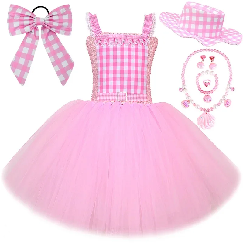 Vestido tutú de ballet Barbi a cuadros de color rosa para niñas, disfraces de fiesta de cumpleaños para niños, traje de princesa de Navidad y Año Nuevo con lazo