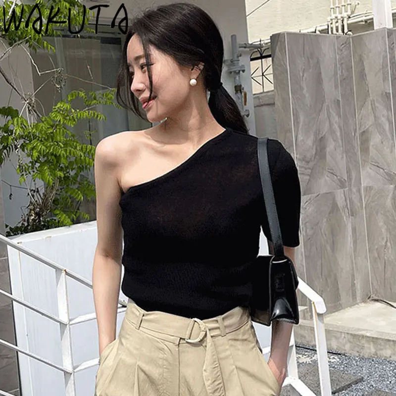 WAKUTA Skew Collar Slim magliette lavorate a maglia donna estate elegante Sexy Off spalla Solid Ladies maglioni top coreano 2024 Fashion