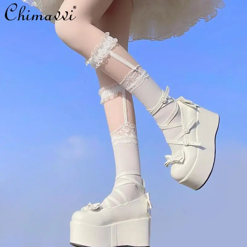 Sweet Girl Casual Lolita Platform Heels Japanese Style Kawaii Bow Round Toe Buckle High Heels Elegant Princess Leather Shoes