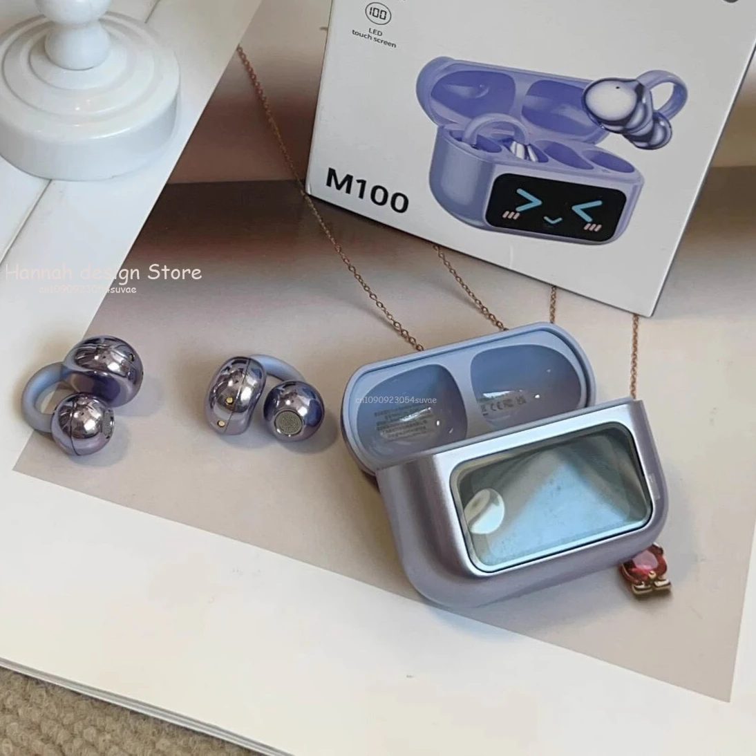 M100 LCD تعمل باللمس مكافحة فقدان سماعة AI الحد من الضوضاء مع HIFI الصوت بلوتوث 5.4 سماعة مفتوحة الأذن كليب سماعات الأذن