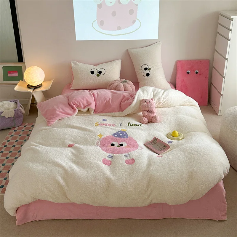 Comfortable Milk Velvet 4-piece Detachable Machine Washable High Weight Plush Quilt Sheet for Girls and Boys Christmas Bedding